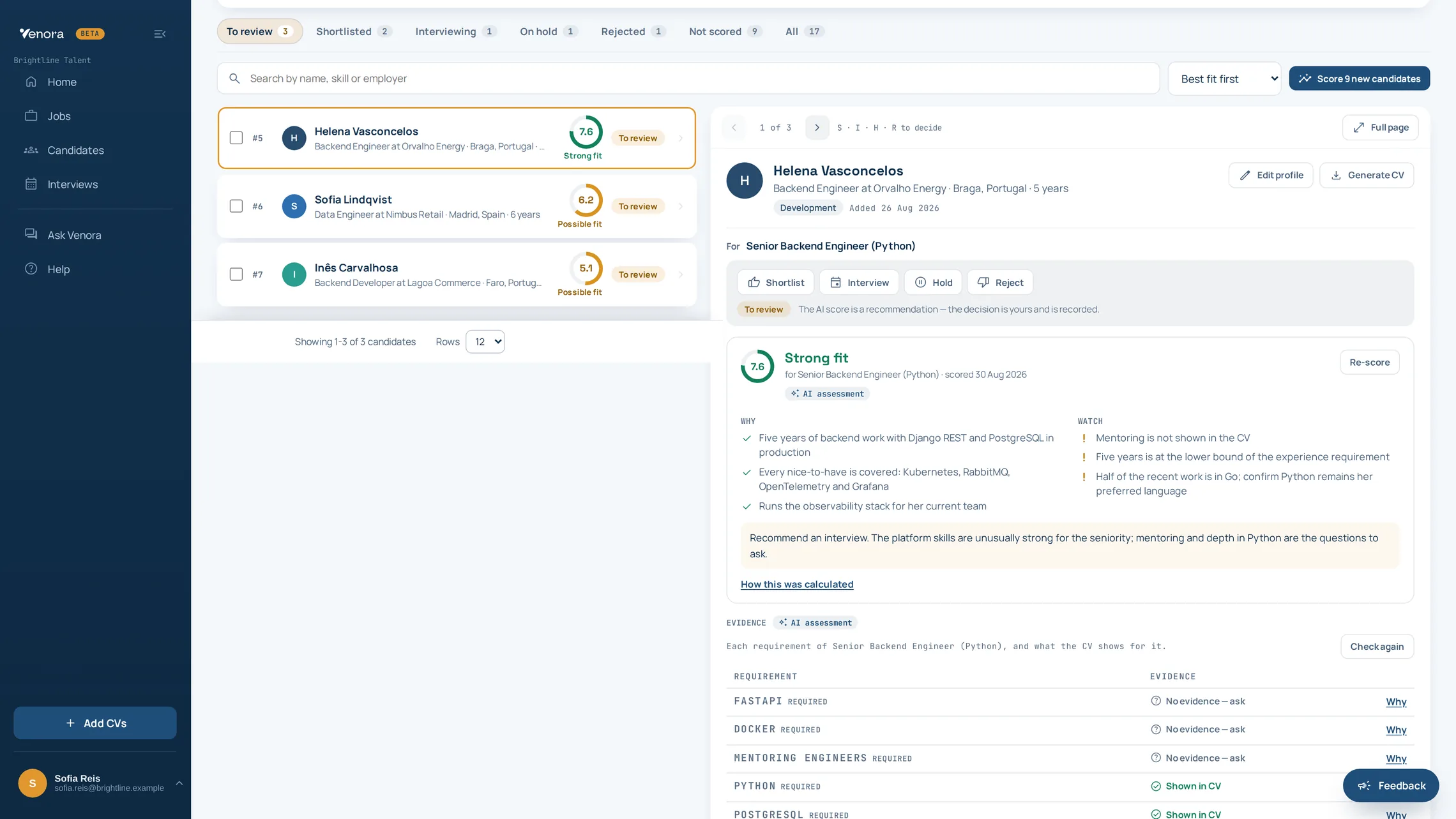 A review queue in Venora: candidates grouped by decision, with one open beside it showing its fit score, the reasons for and against, and a note that the AI score is a recommendation and the decision is the recruiter’s